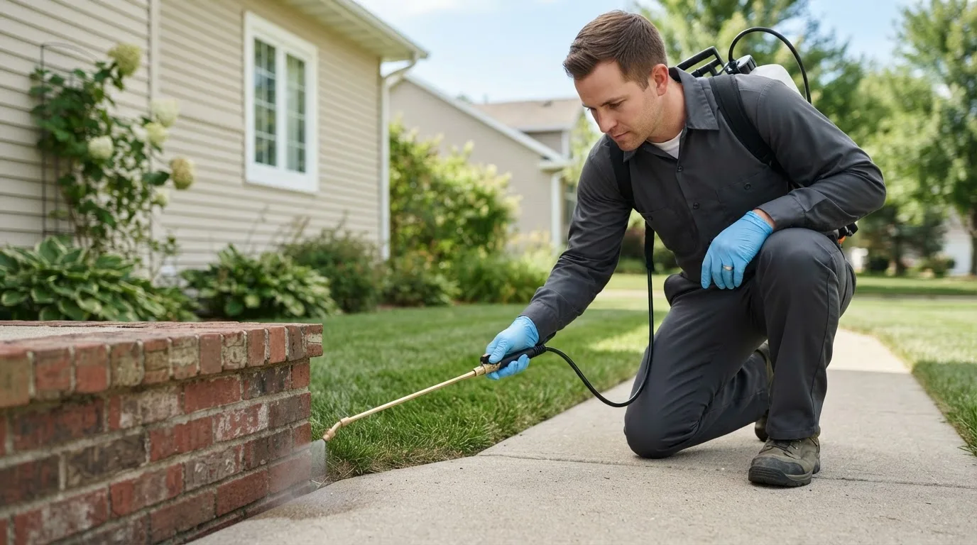 Pest control technician treating a home near Welches, OR